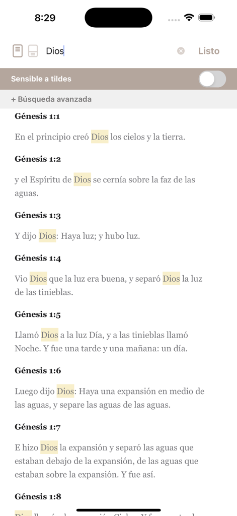 Resultados de búsqueda de la palabra Dios en la aplicación Santa Biblia Versión Recobro resaltando versículos del Génesis.