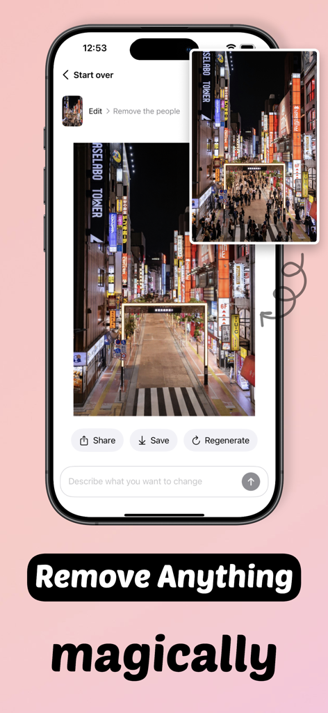 Flux Kontext: AI Image Editor - Flux Kontext AI image editor app interface showing the before and after of removing people from a night city street scene