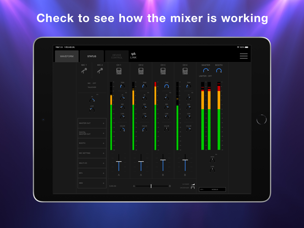 Stagehand: PRO DJ LINK Manager - iPad showing the Stagehand app status screen with real-time DJ mixer channel levels and fader positions