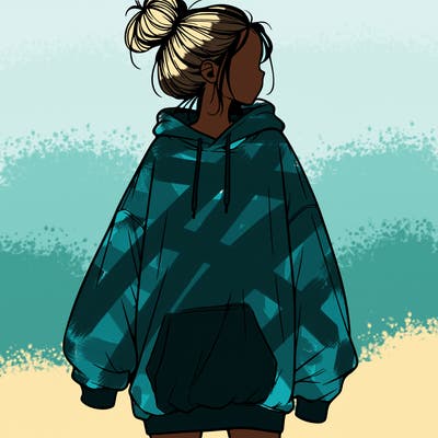 realistic girl with a oversized sweatshirt on and a bun