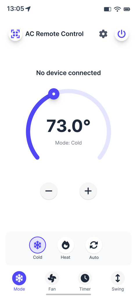 AC Remote: Air Conditioner Pro - Interfaz de la aplicación AC Remote para iOS que muestra el control de temperatura a 73 grados y la configuración del modo de enfriamiento.