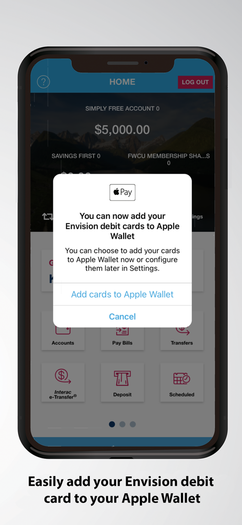 Envision Financial mobile app screen showing a prompt to add a debit card to Apple Wallet