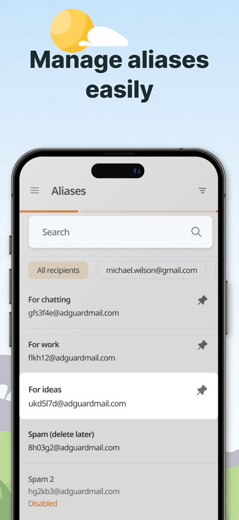 AdGuard Mail & Temp Mail - AdGuard Mail app screen for managing multiple email aliases with categories like work and spam
