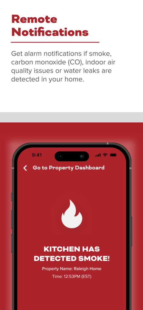 Kidde - Kidde app screen showing a remote notification for smoke detected in a kitchen
