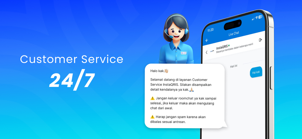 InstaQRIS app interface displaying 24/7 customer service with live chat functionality and support agent avatar