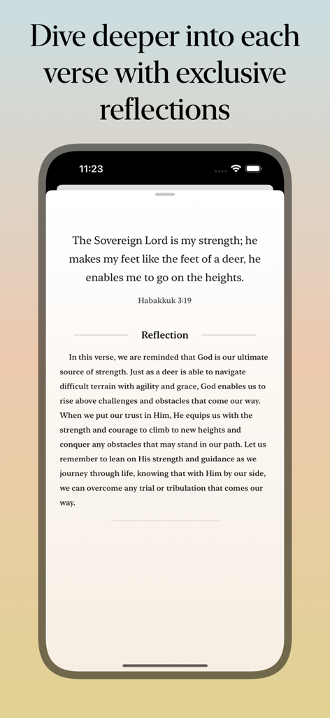 Verse of the day: Daily prayer - Ein Bildschirm einer mobilen App, der einen Bibelvers und eine detaillierte spirituelle Reflexion anzeigt