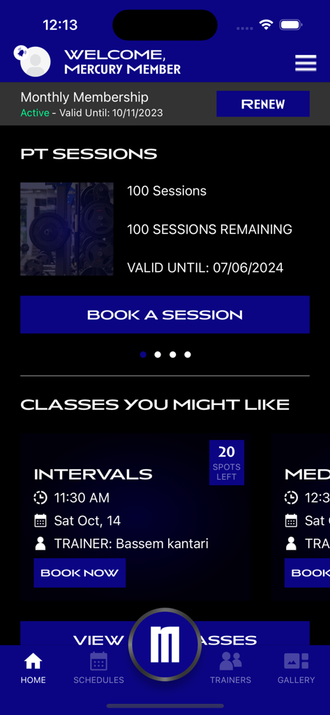 Mercury Club Beirut - Tableau de bord de l'application mobile Mercury Club Beirut montrant le renouvellement d'adhésion et les options de réservation de cours de fitness