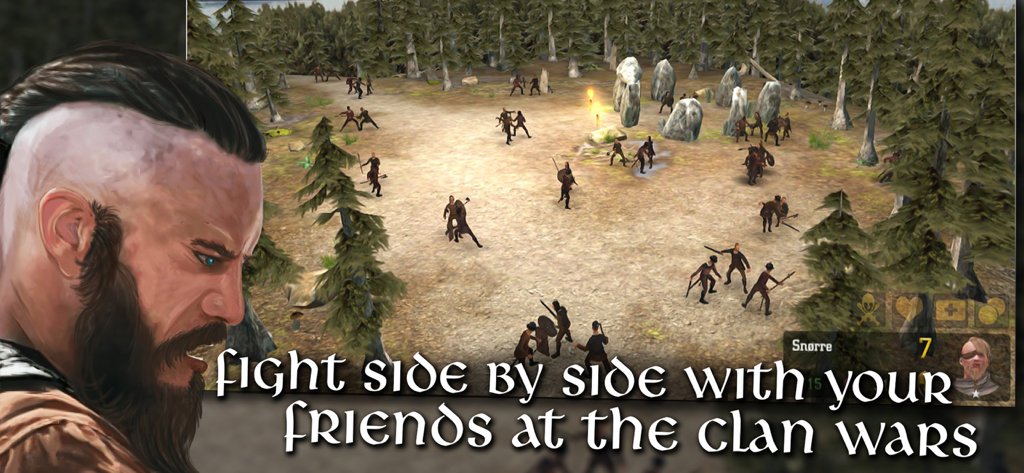 Vikings at War - A group of Viking warriors fighting in a forest clearing during a clan war battle in the Vikings at War game.