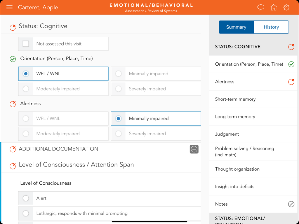 Assessment screen in the MatrixCare Clinical app for patient cognitive status documentation.