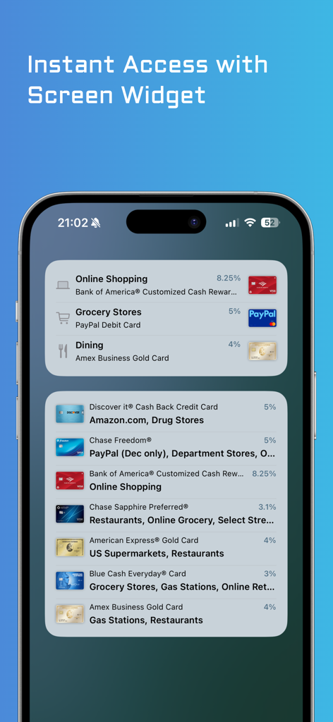 RewardRadar: Credit Cards - RewardRadar iPhone screen displaying credit card reward widgets for various shopping categories.