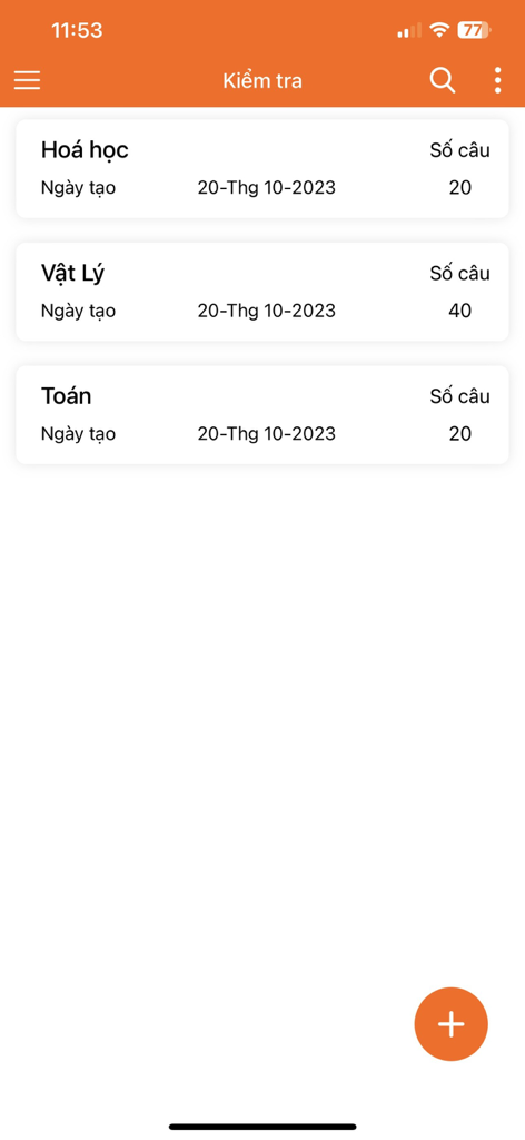TNMaker - Multiple Choice Test - A mobile app screen showing a list of multiple choice tests for Chemistry Physics and Mathematics with their respective question counts