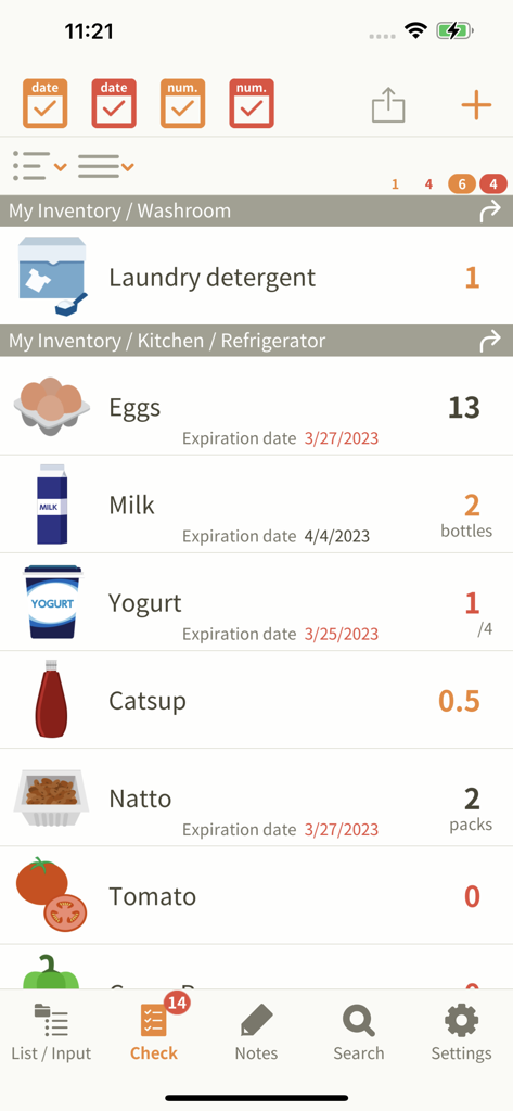 My Inventory LT – Home Tracker - My Inventory LTアプリのダッシュボード。食品と家庭用品が数量と賞味期限とともに表示されています。