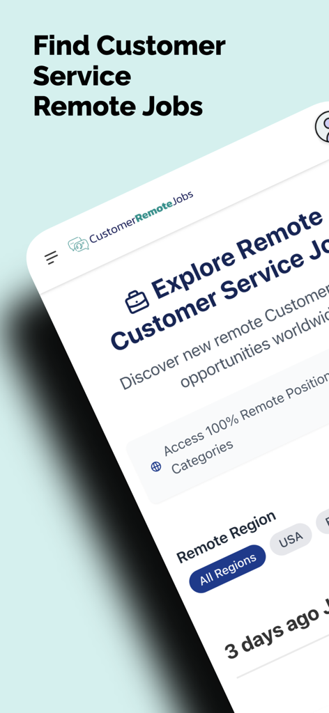 Customer Service Remote Jobs - Oberfläche der App Customer Service Remote Jobs, die die Jobsuche und regionale Filter anzeigt
