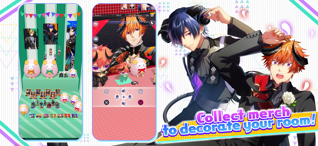 Obey Me! Till Death Do Us Part - Pantalla del juego que muestra la decoración de habitaciones con merchandising de hermanos demonios y personajes de anime en atuendo formal.