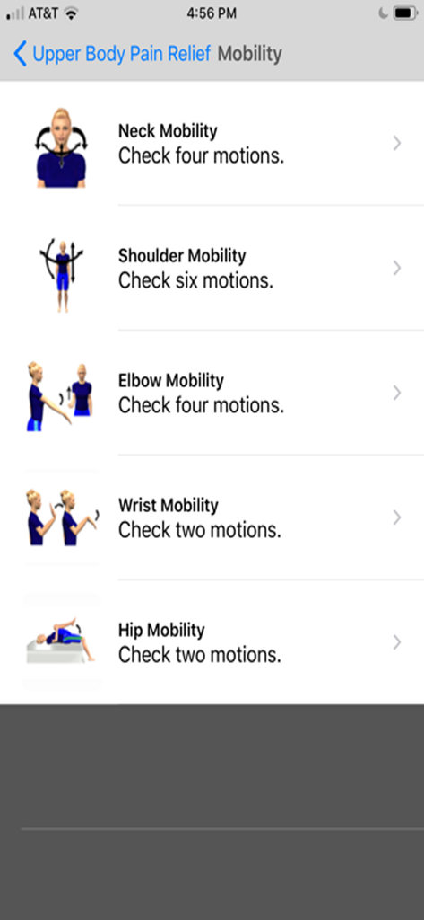 Stretch for Pain Relief Upper - Interface do aplicativo mostrando opções de avaliação de mobilidade para pescoço, ombro, cotovelo e punho