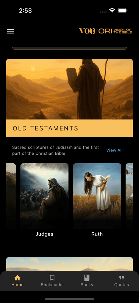 Schermata iniziale dell'app Vision of the Bible con libri dell'Antico Testamento e illustrazioni bibliche.