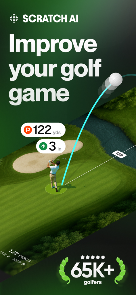 AI Caddy: Scratch AI - AI 샷 궤적 및 거리 추적 기능이 있는 골퍼를 보여주는 스크래치 AI 골프 개선 앱 화면