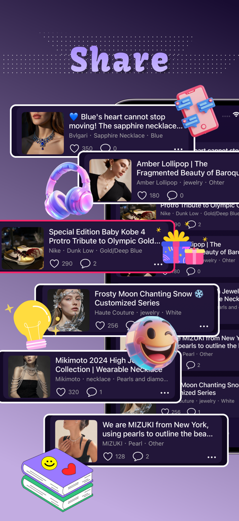 Live Chat，Content Share -Snivo - Snivo-App-Oberfläche, die einen Feed von geteilten Sammlerstücken wie Schmuck und Turnschuhen zeigt