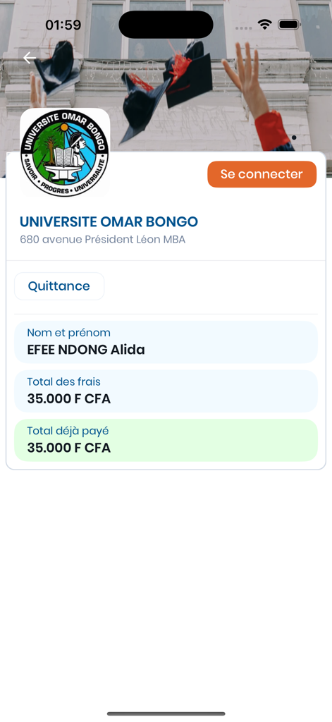 SHAP - Pantalla de la aplicación SHAP que muestra un recibo de pago de matrícula universitaria para la Université Omar Bongo en Gabón