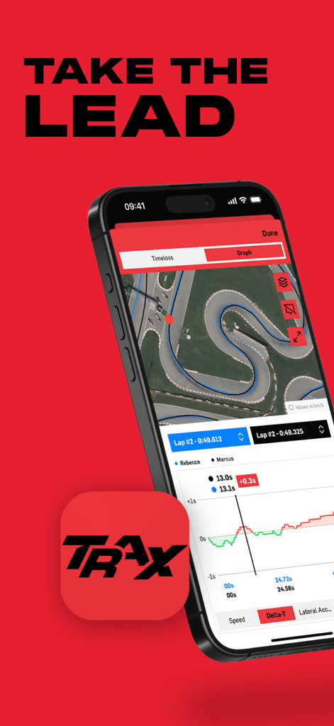 Rotax TRAX app displaying a kart racing track map and telemetry data comparison between two drivers