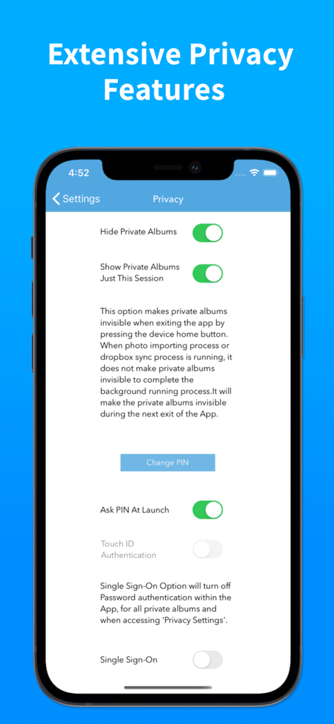 Photo Album Private Manager - iPhone screen displaying extensive privacy settings and security features for the Photo Album Private Manager app