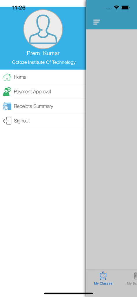 Navigation sidebar of the Camu Staff App showing options for payment approval and receipts summary.