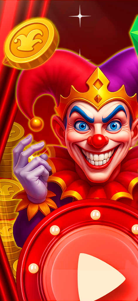 Holiday Mania - Grinning jester character and play button in Holiday Mania game