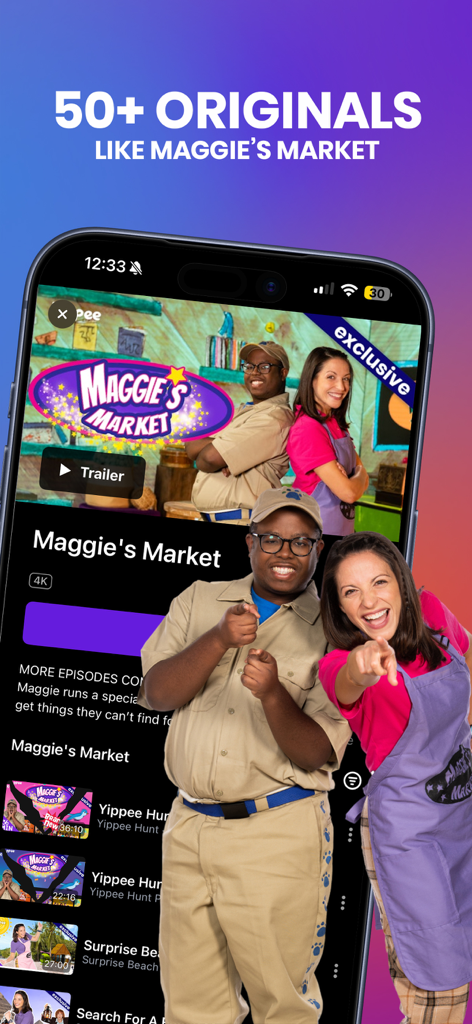Yippee TV app interface showing the original show Maggie's Market with characters on the screen.