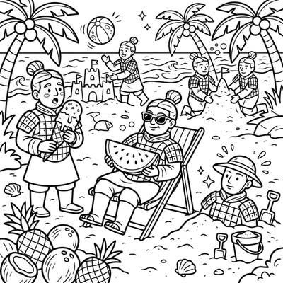 Journey to a whimsical summer beach where the ancient Terracotta Army trades their battle gear for swim shorts and sunglasses! This unique coloring page captures these historical figures enjoying sandcastles, ice cream, and refreshing watermelon under sunny palm trees.