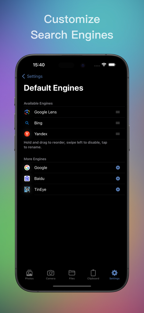 Settings screen in Imagio app for customizing and reordering reverse image search engines including Google Lens, Bing, and Yandex