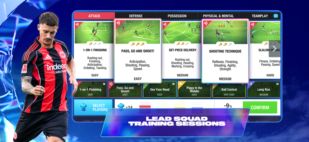 Top Eleven Be a Soccer Manager - Interfaz para dirigir sesiones de entrenamiento de plantilla en la aplicación de gestión de fútbol Top Eleven