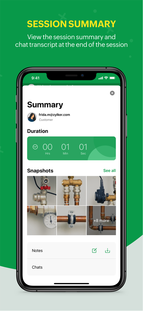 Zoho Lens - Zoho Lensアプリセッションサマリー画面、パイプとメモの期間スナップショットを表示