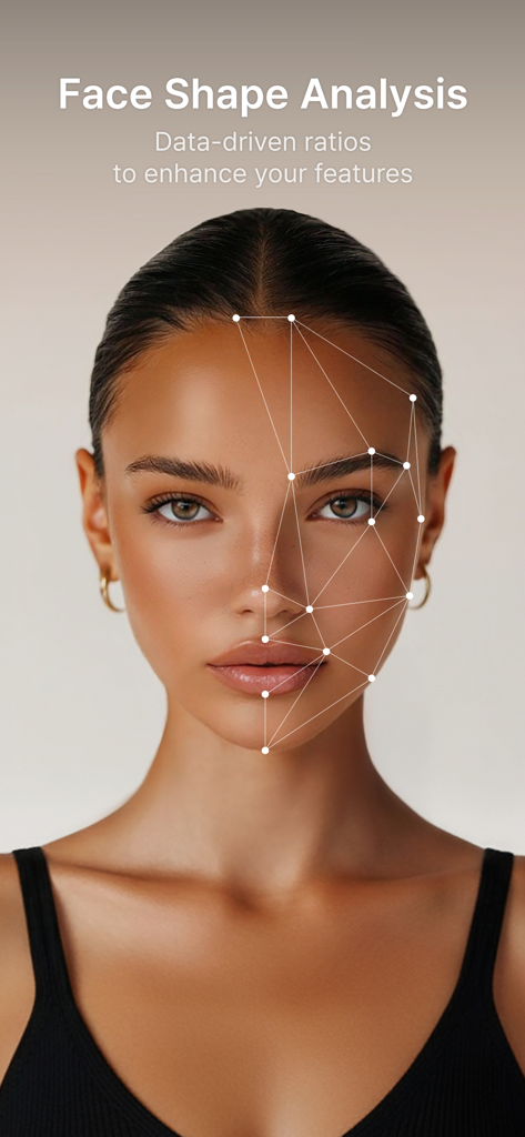 GlowUp 앱에서 여성 얼굴에 기하학적 격자 오버레이가 있는 AI 얼굴 모양 분석
