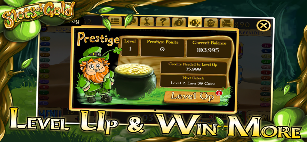 Slots of Gold Classic - Slots of Gold Classic prestige menu featuring a leprechaun and pot of gold