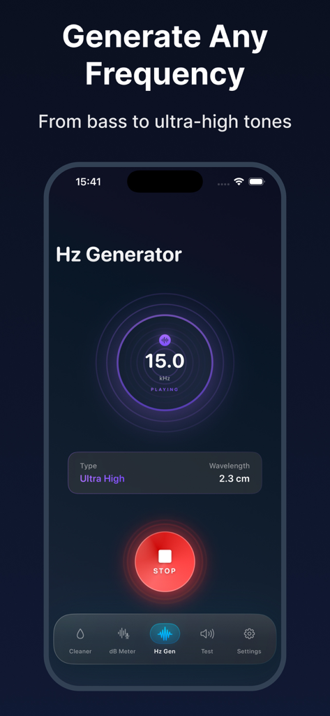 Captura de pantalla de la función Generador de Hz en la aplicación Water Eject que muestra una frecuencia ultr alta de 15 kilohercios siendo reproducida.