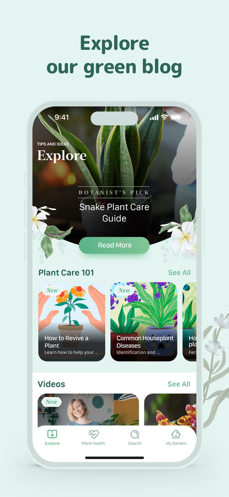 Blossom - Plant Care Guide - Screenshot della schermata Explore dell'app Blossom che mostra guide sulla cura delle piante e un blog verde