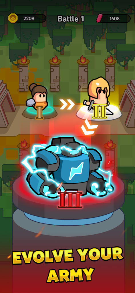 Eternal Empire: Warrior Eras - A game screenshot of Eternal Empire showing warrior evolution from a primitive caveman to a medieval knight and finally a futuristic robot