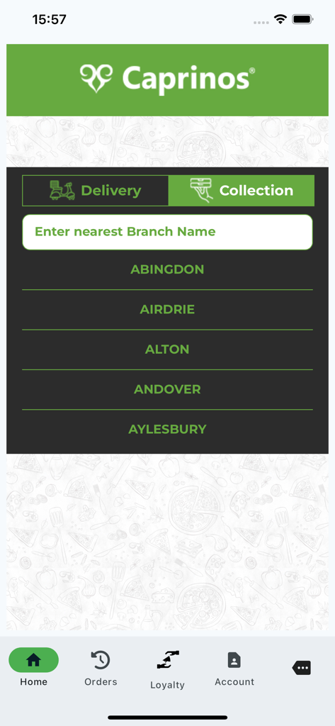 Pantalla de la aplicación móvil Caprinos Pizza mostrando opciones de entrega o recogida y una lista de sucursales como Abingdon y Airdrie.