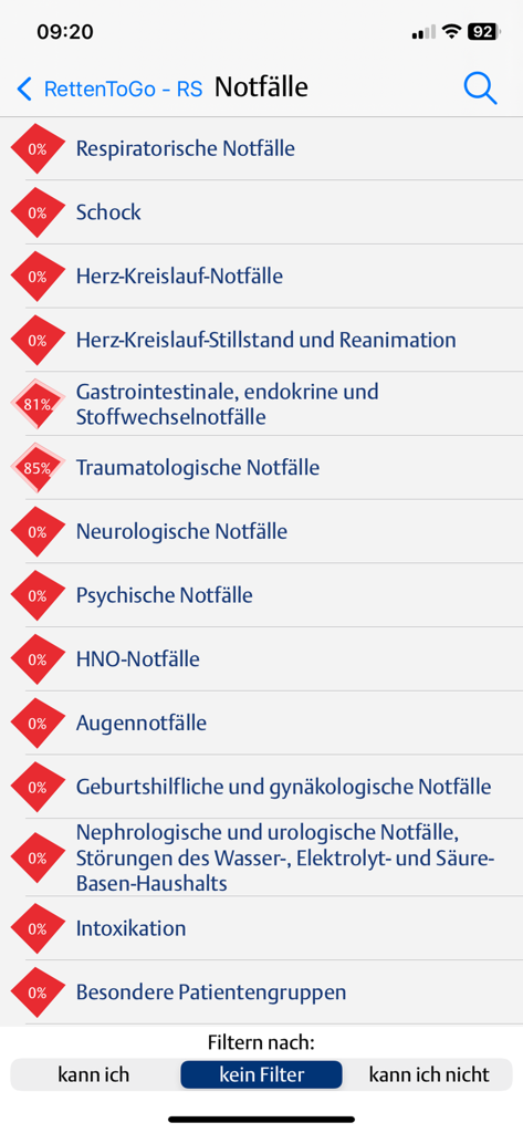 A list of medical emergency study modules showing learning progress in the RETTEN TO GO app.