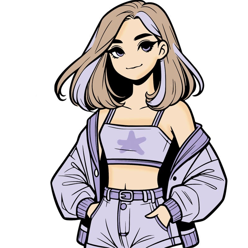 a realistic girl with a crop top and short shorts in an open jacket