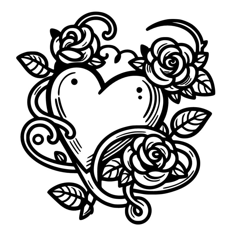 a heart with a vine wrapped around and roses on the vine