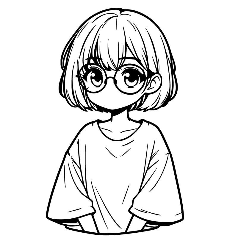 a girl with short hair and glasses wearing an oversized t-shirt