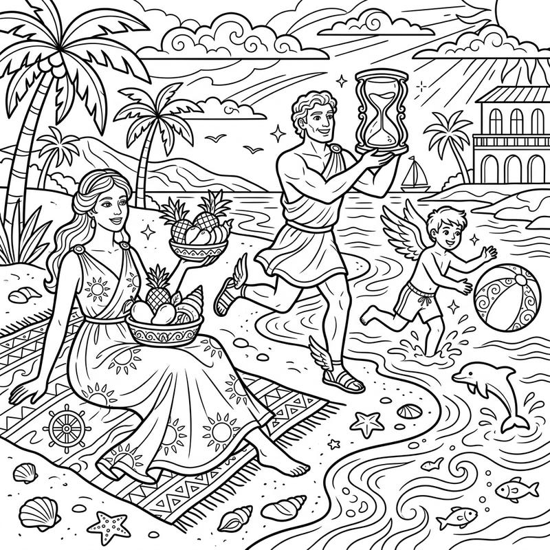 Step into a world where ancient allegories meet modern summer fun with this captivating coloring page. Imagine vibrant hues filling a sun-drenched beach scene, featuring serene figures enjoying a tropical paradise.