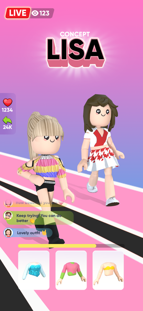 Two digital avatars walking on a pink runway during a live fashion show battle in a mobile game.