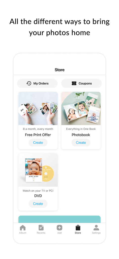 FamilyAlbum app store showing options for free prints and photobooks