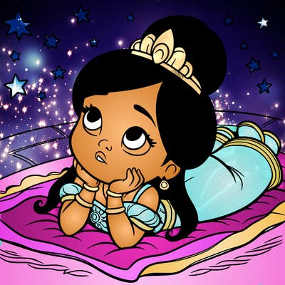 a princess lying on her back on a blanket, looking up at the stars with a dreamy expression.