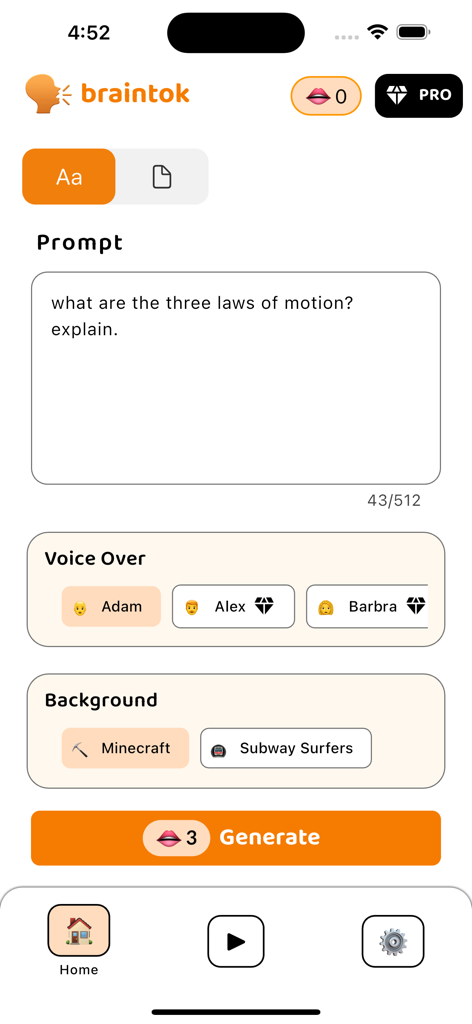 Brainrot Study Video: Braintok - Interface of Braintok app showing the prompt input for physics questions and background options like Minecraft and Subway Surfers.