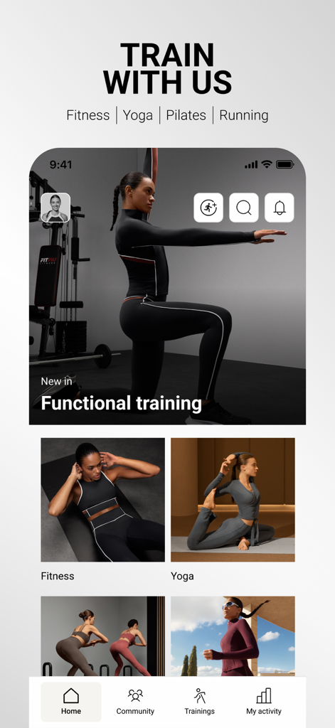 Interfaz de la app Oysho Training mostrando categorías de fitness, yoga, pilates y running