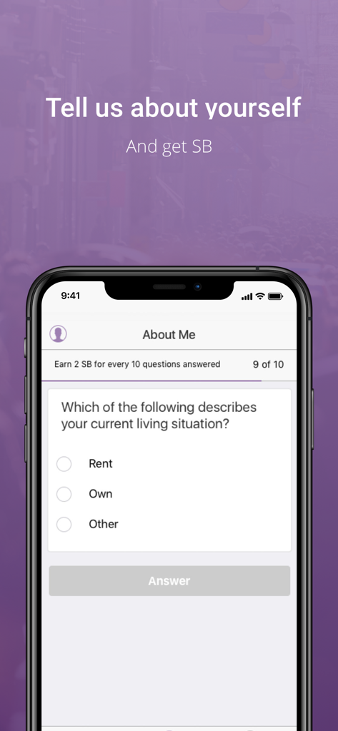 SB Answer - SB Answer app survey screen asking about living situation to earn points