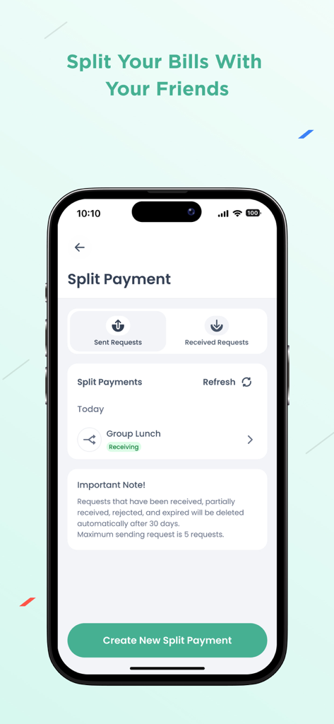 First Iraqi Bank - First Iraqi Bank 앱 분할 결제 인터페이스, 공유 그룹 지출 관리 화면을 보여주는 스마트폰 화면.